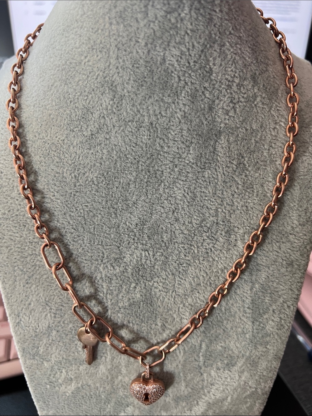 Rose Gold Heart Lock & Key Charm Necklace for Women